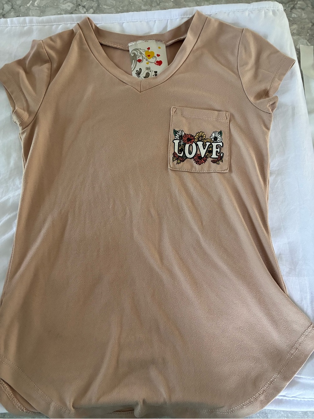 Jenna & Jessie Kids' Beige Top with 'LOVE' Pocket